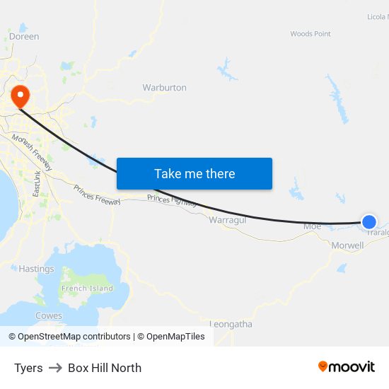 Tyers to Box Hill North map