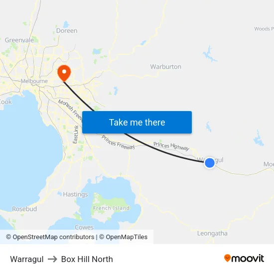 Warragul to Box Hill North map