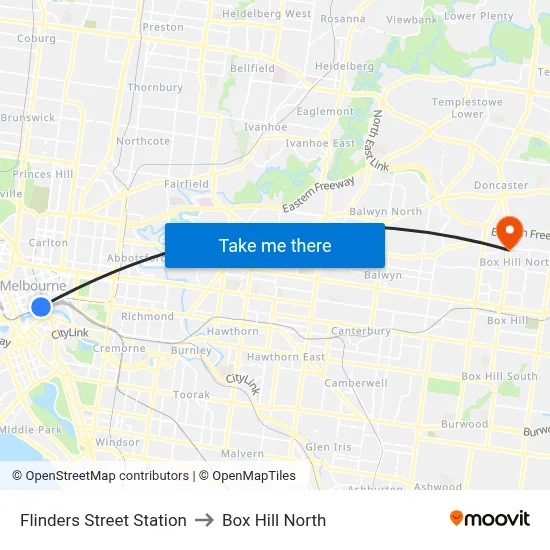 Flinders Street Station to Box Hill North map