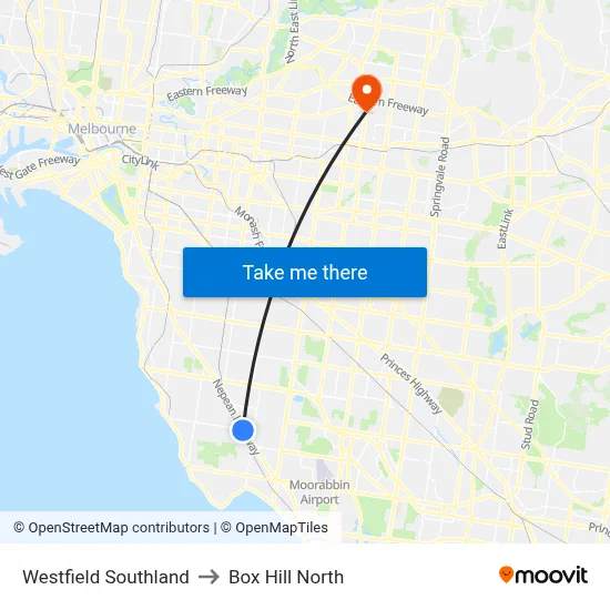Westfield Southland to Box Hill North map