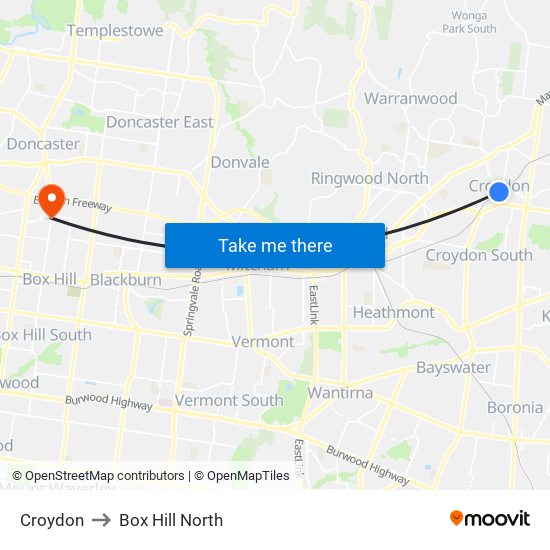 Croydon to Box Hill North map