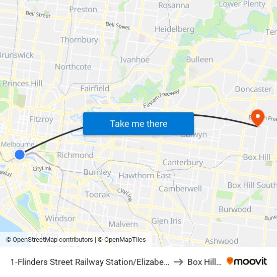 1-Flinders Street Railway Station/Elizabeth St (Melbourne City) to Box Hill North map