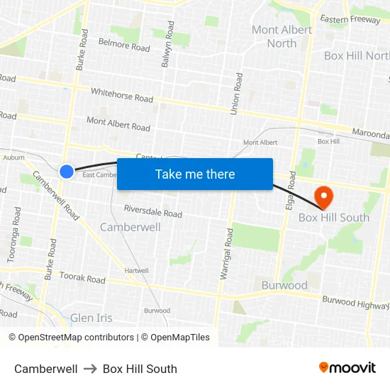 Camberwell to Box Hill South map
