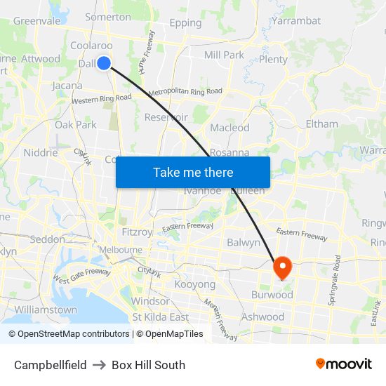 Campbellfield to Box Hill South map