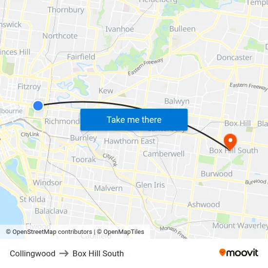 Collingwood to Box Hill South map
