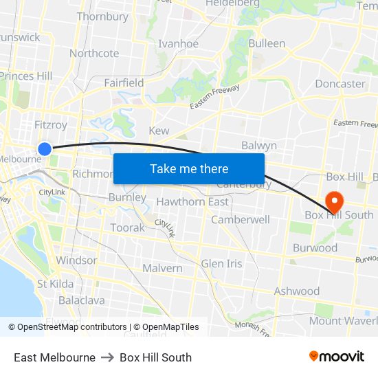 East Melbourne to Box Hill South map