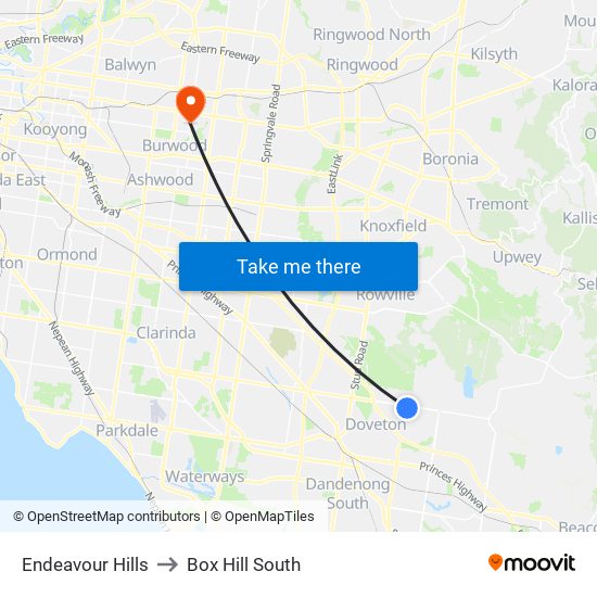 Endeavour Hills to Box Hill South map