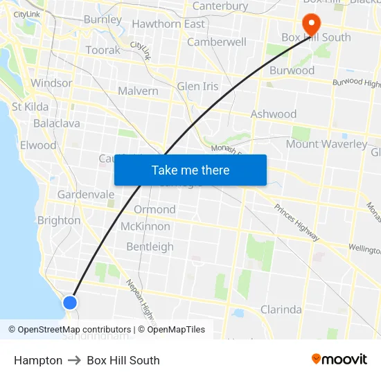 Hampton to Box Hill South map