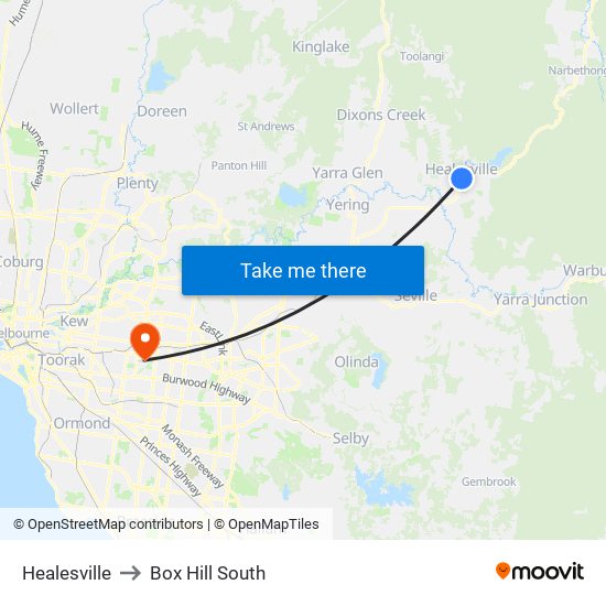 Healesville to Box Hill South map