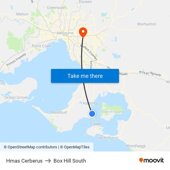 Hmas Cerberus to Box Hill South map