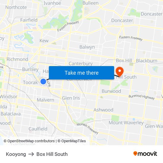 Kooyong to Box Hill South map