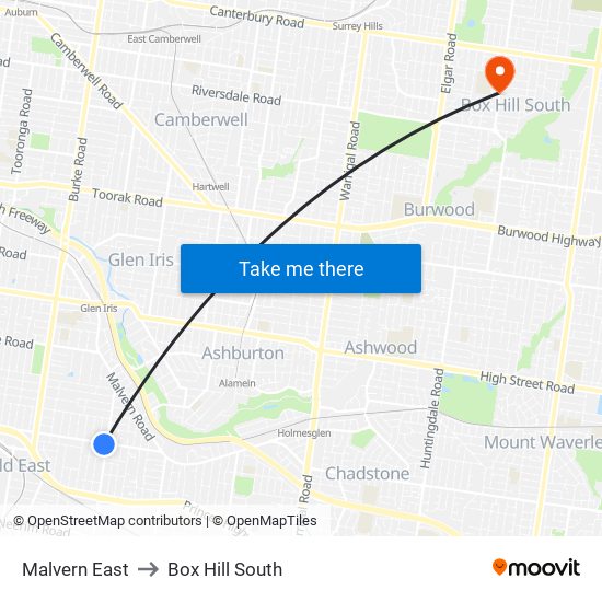 Malvern East to Box Hill South map