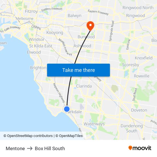 Mentone to Box Hill South map