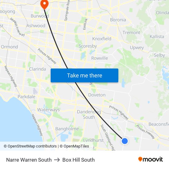 Narre Warren South to Box Hill South map