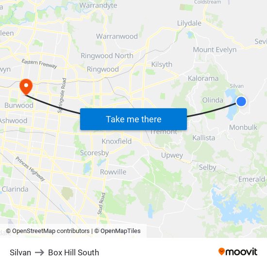 Silvan to Box Hill South map