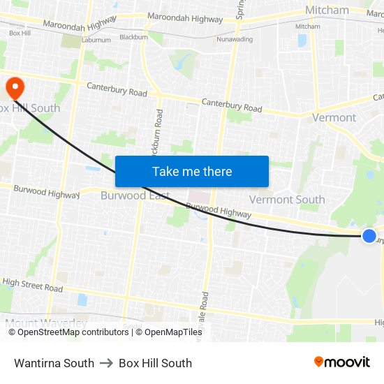 Wantirna South to Box Hill South map