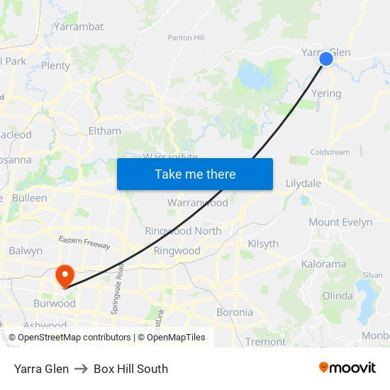 Yarra Glen to Box Hill South map