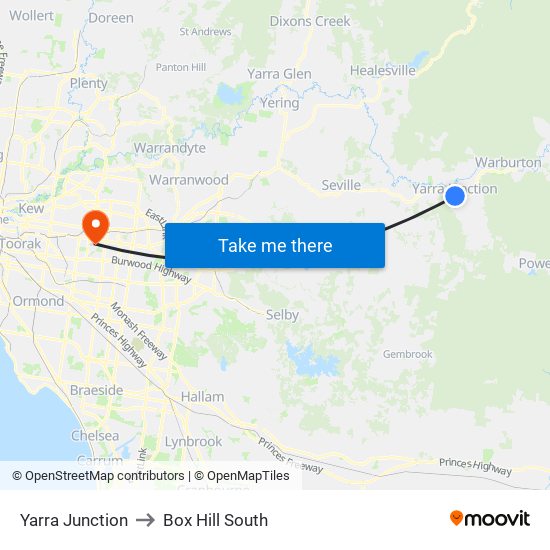 Yarra Junction to Box Hill South map