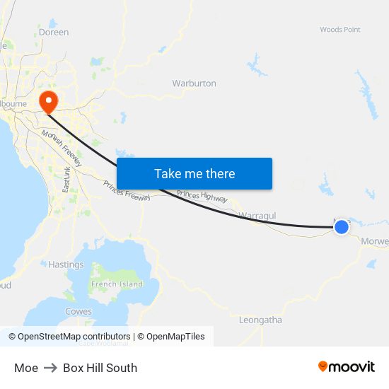 Moe to Box Hill South map