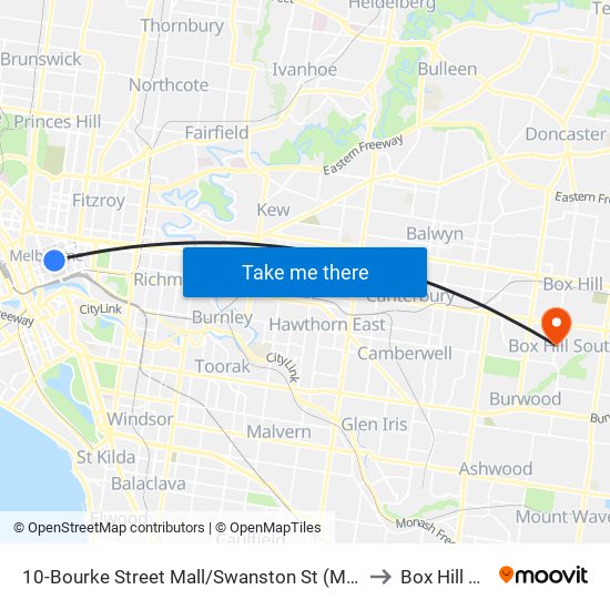 10-Bourke Street Mall/Swanston St (Melbourne City) to Box Hill South map