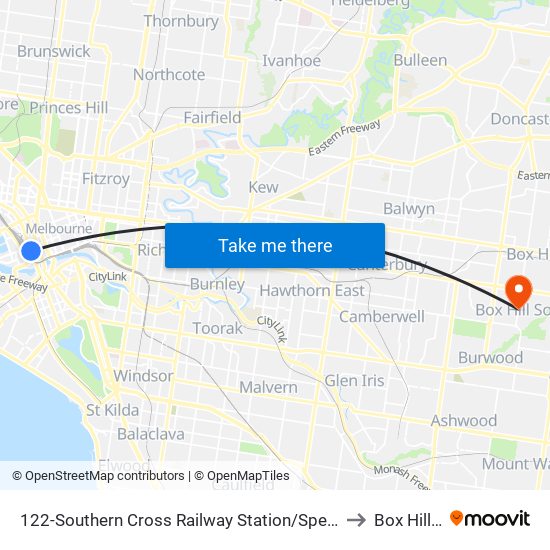 122-Southern Cross Railway Station/Spencer St (Melbourne City) to Box Hill South map