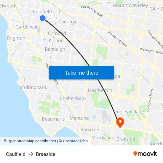 Caulfield to Braeside map