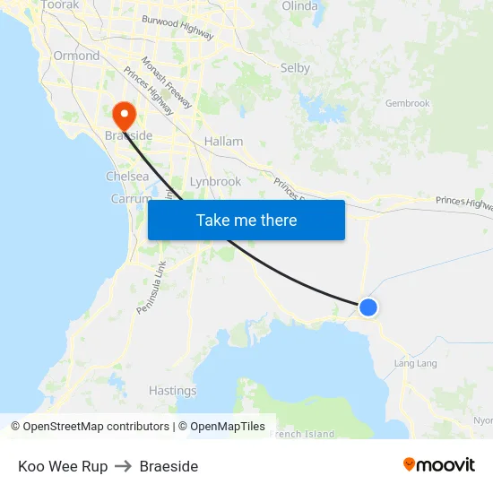 Koo Wee Rup to Braeside map