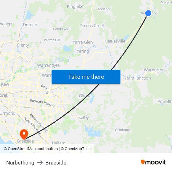 Narbethong to Braeside map