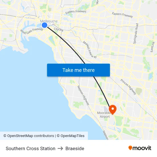 Southern Cross Station to Braeside map