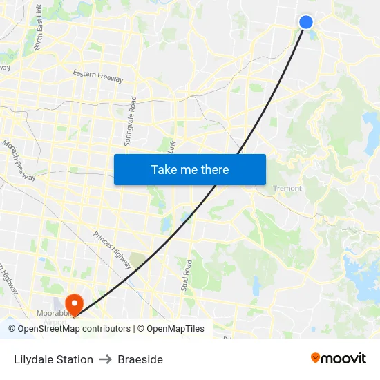 Lilydale Station to Braeside map