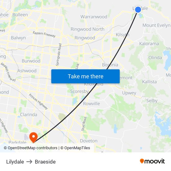 Lilydale to Braeside map