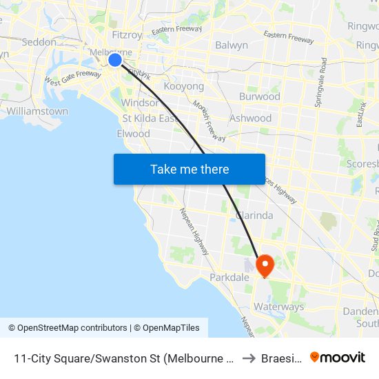 11-City Square/Swanston St (Melbourne City) to Braeside map