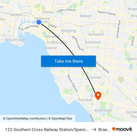 122-Southern Cross Railway Station/Spencer St (Melbourne City) to Braeside map