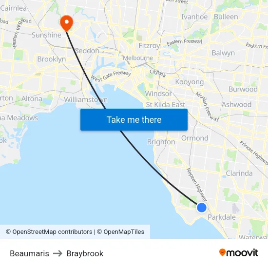 Beaumaris to Braybrook map