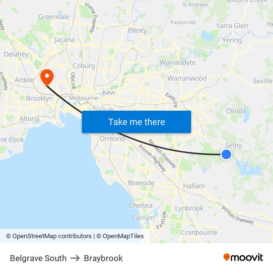 Belgrave South to Braybrook map