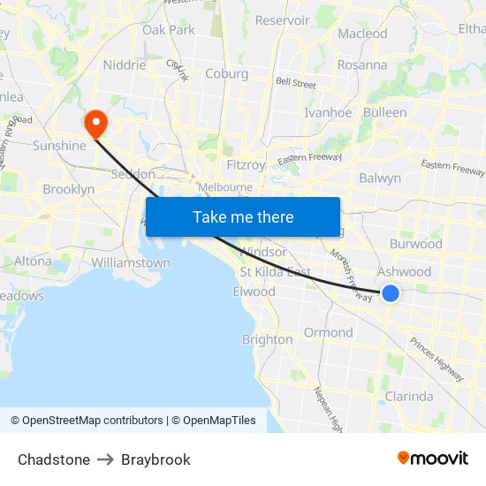 Chadstone to Braybrook map