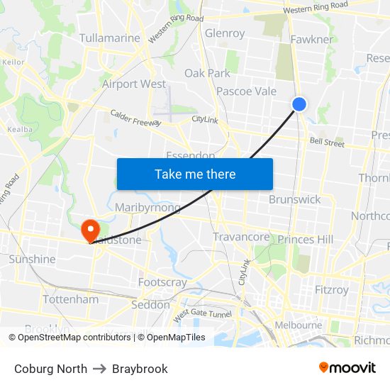 Coburg North to Braybrook map