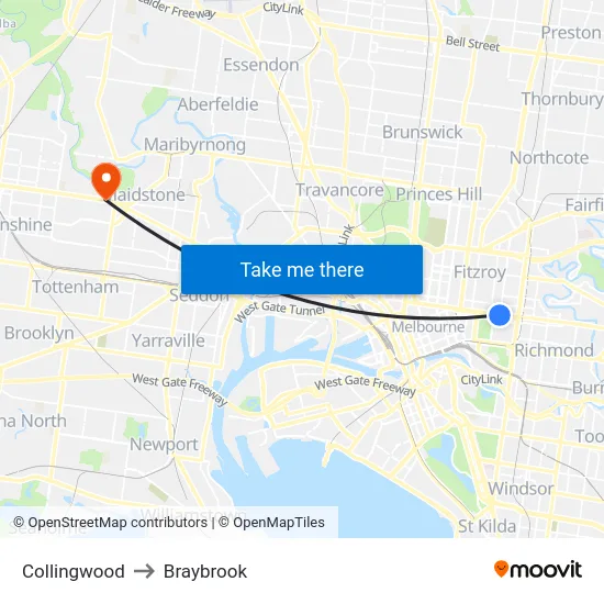 Collingwood to Braybrook map