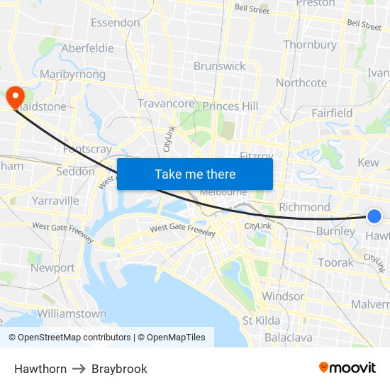 Hawthorn to Braybrook map