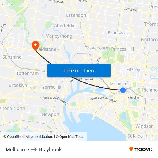 Melbourne to Braybrook map