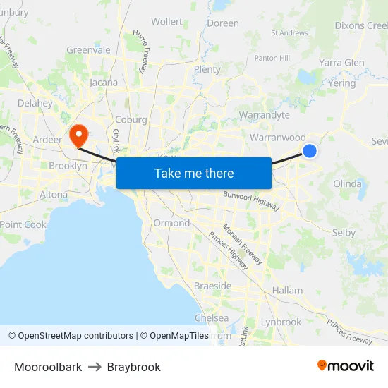 Mooroolbark to Braybrook map