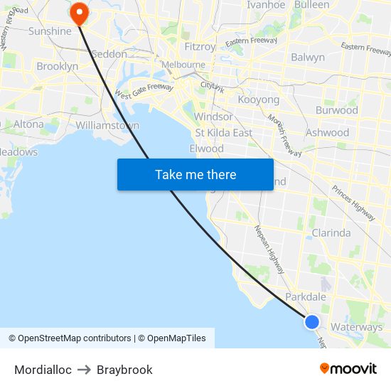 Mordialloc to Braybrook map