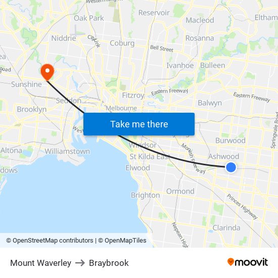 Mount Waverley to Braybrook map