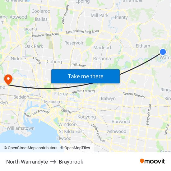 North Warrandyte to Braybrook map