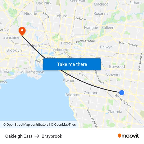 Oakleigh East to Braybrook map