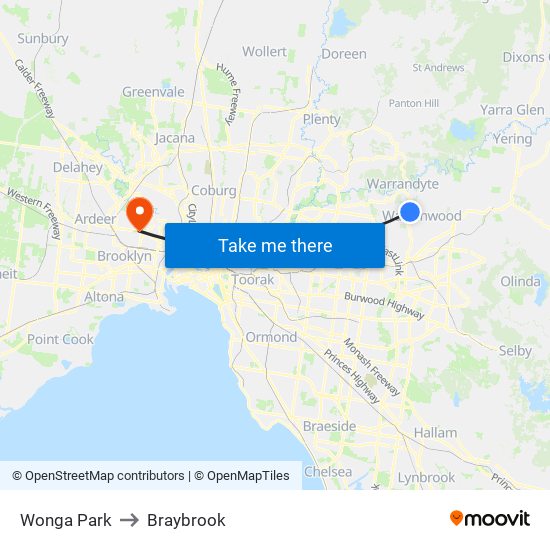 Wonga Park to Braybrook map