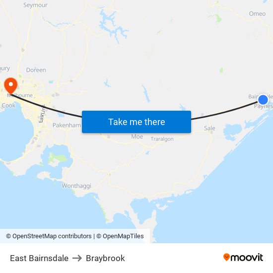 East Bairnsdale to Braybrook map