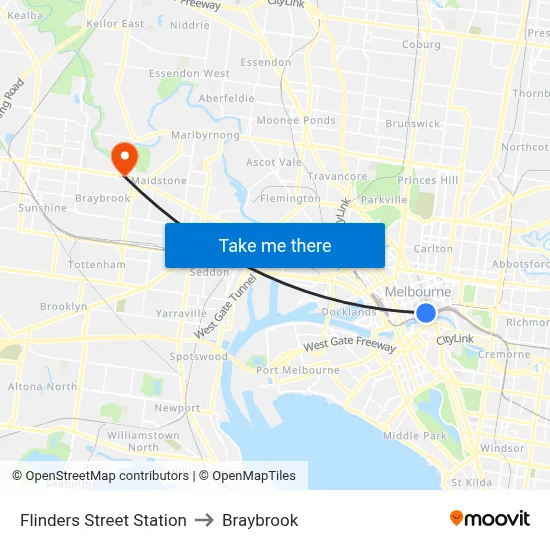 Flinders Street Station to Braybrook map