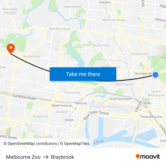 Melbourne Zoo to Braybrook map