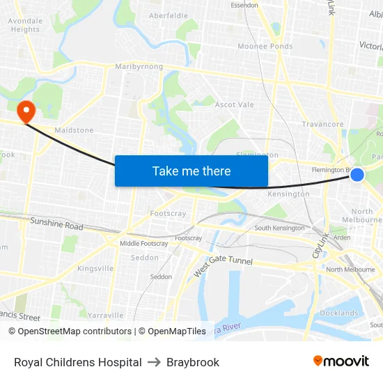 Royal Childrens Hospital to Braybrook map